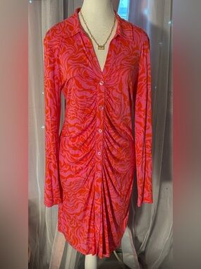 Vibrant Pink & Orange Ruched Button-Front Women's Dress. NWT Size L